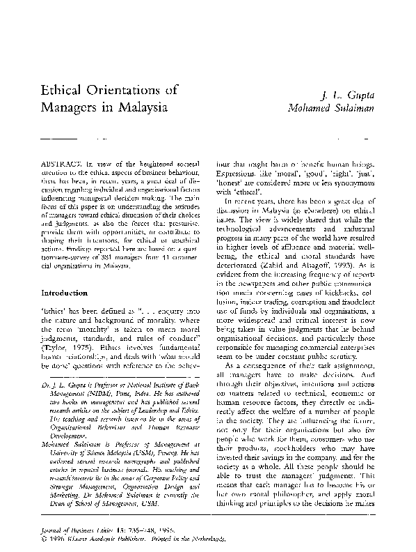 (PDF) Ethical orientations of managers in Malaysia