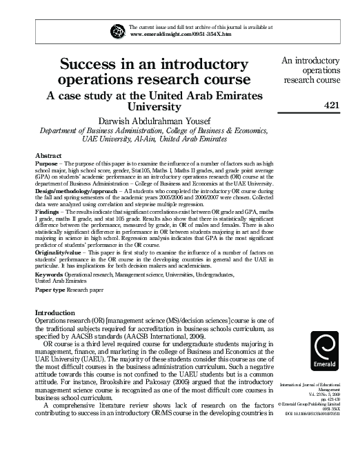 (PDF) Success in an introductory operations research course