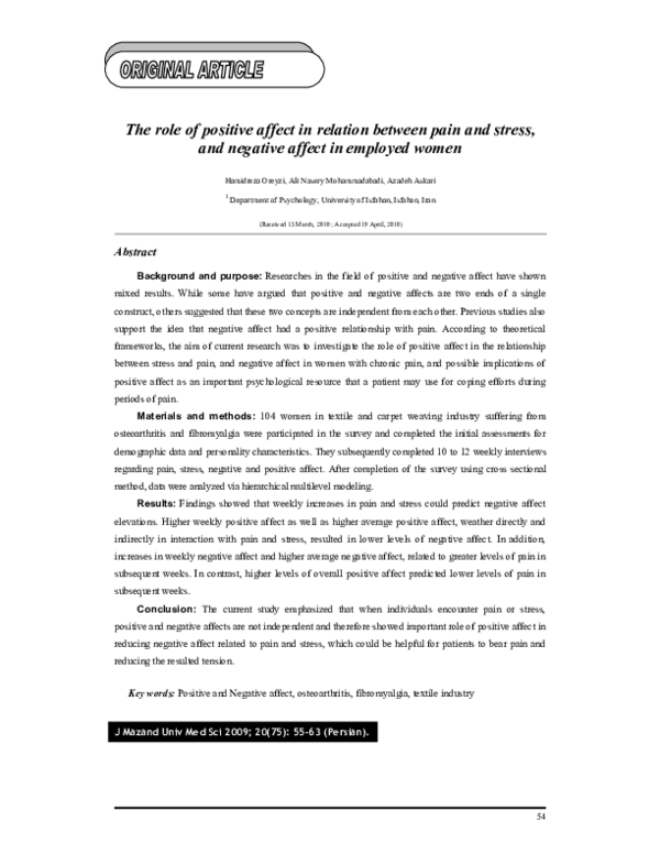 (PDF) The Role of Positive Affect in Relation Between Pain and Stress ...