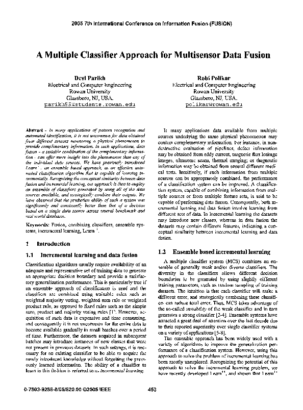 (PDF) A multiple classifier approach for multisensor data fusion