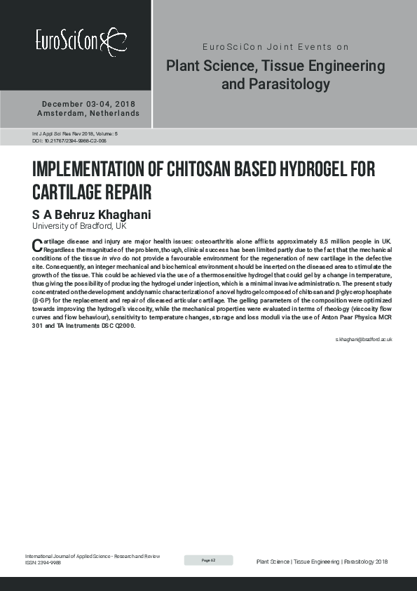 (PDF) Implementation of chitosan based hydrogel for cartilage repair