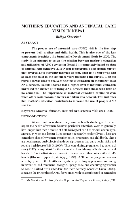 (PDF) Mother’s Education and Antenatal Care Visits in Nepal