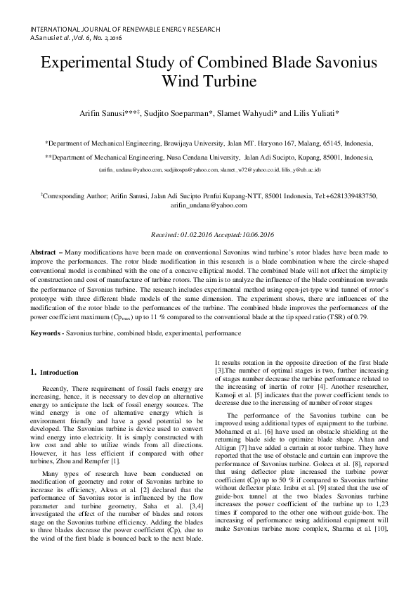 (PDF) Experimental Study of Combined Blade Savonius Wind Turbine