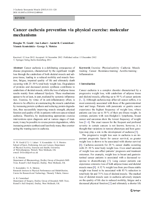 (PDF) Cancer cachexia prevention via physical exercise: molecular ...