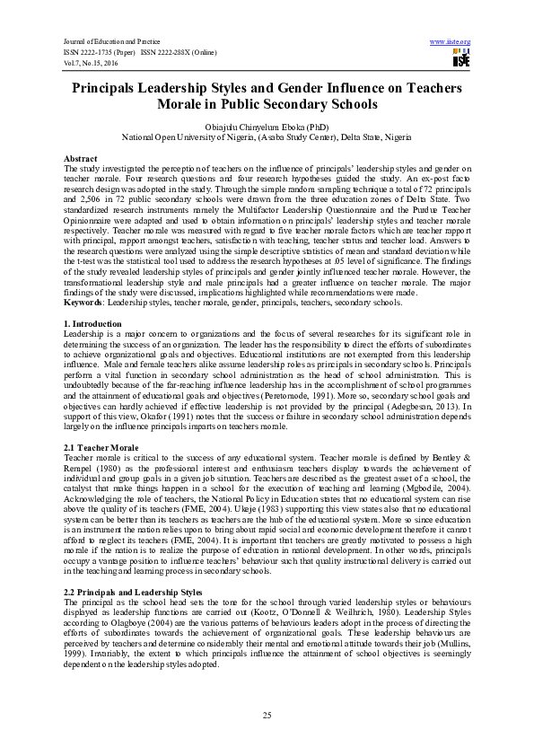 (PDF) Principals Leadership Styles and Gender Influence on Teachers ...
