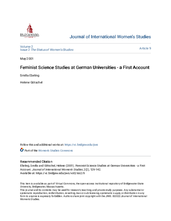 (PDF) Feminist Science Studies at German Universities - a First Account