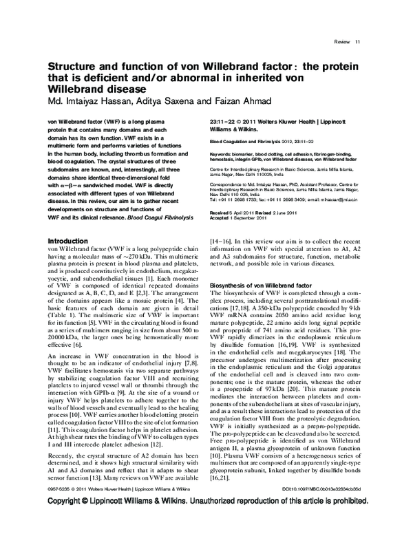 (PDF) Structure and function of von Willebrand factor