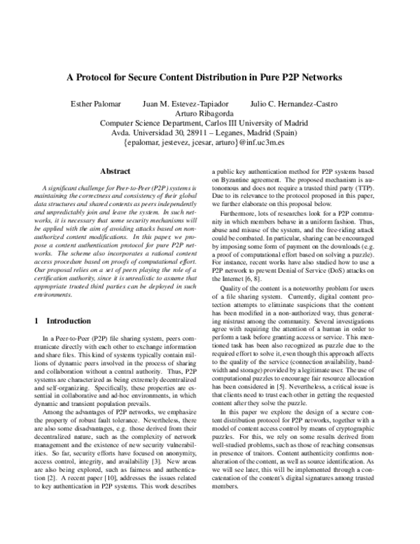 (PDF) A Protocol for Secure Content Distribution in Pure P2P Networks