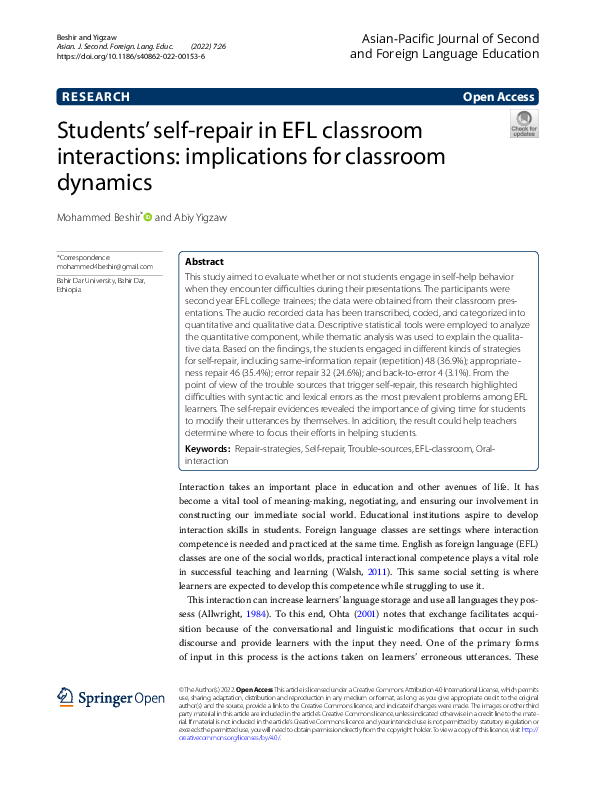(PDF) Students' selfrepair in EFL classroom interactions implications