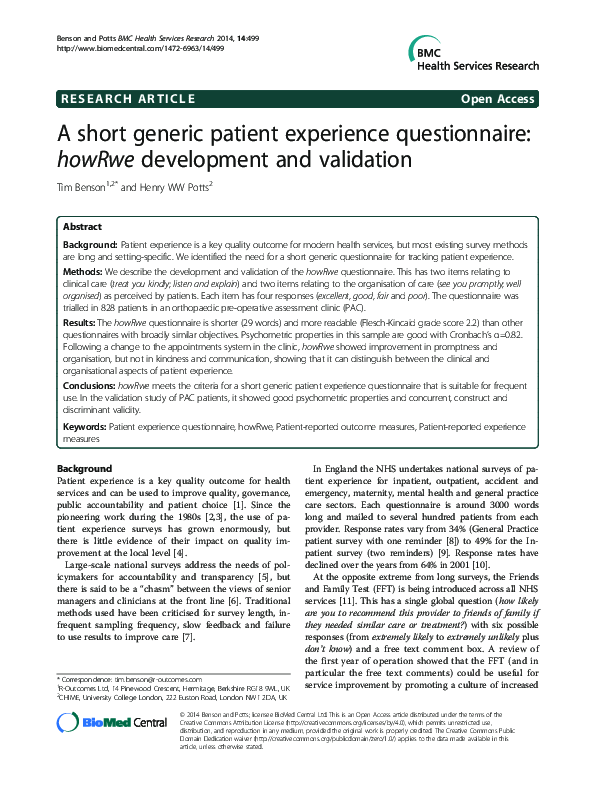(PDF) A short generic patient experience questionnaire: howRwe ...