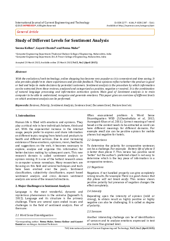 (PDF) Study of Different Levels for Sentiment Analysis