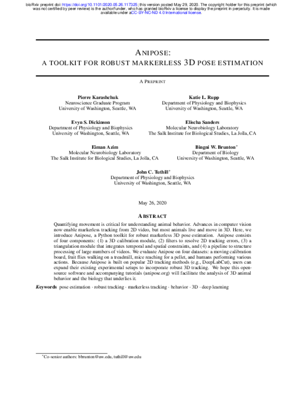 (PDF) Anipose: a toolkit for robust markerless 3D pose estimation
