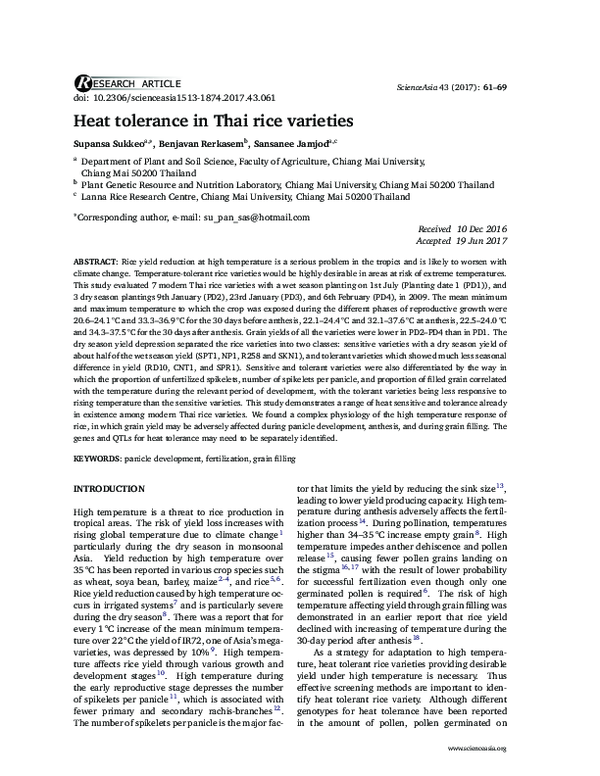 (PDF) Heat tolerance in Thai rice varieties
