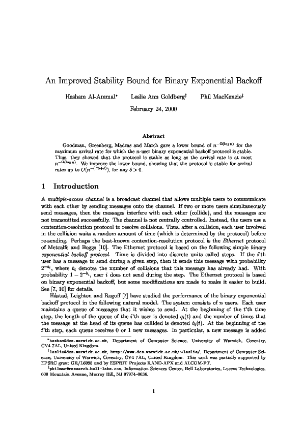 (PDF) An Improved Stability Bound for Binary Exponential Backoff