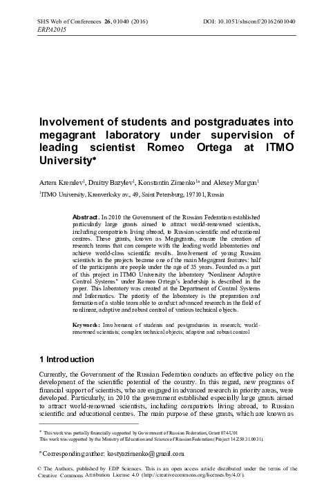 (PDF) Involvement of students and postgraduates into megagrant ...