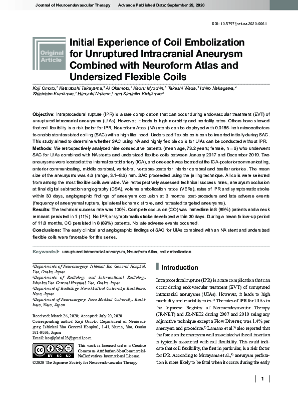 (PDF) Initial Experience of Coil Embolization for Unruptured ...