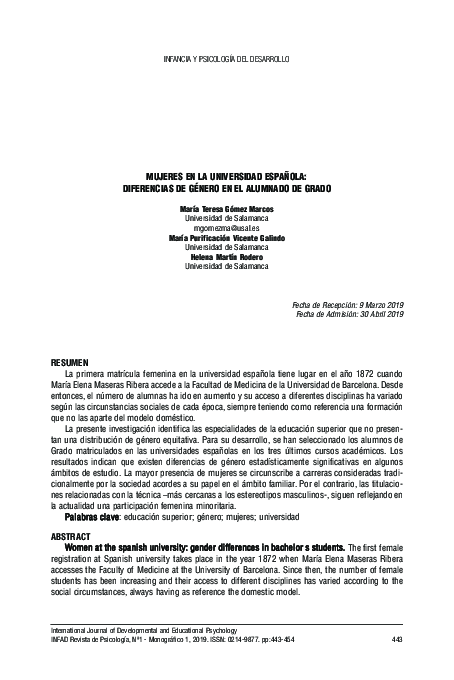 (PDF) Mujeres en la universidad española: diferencias de género en el ...