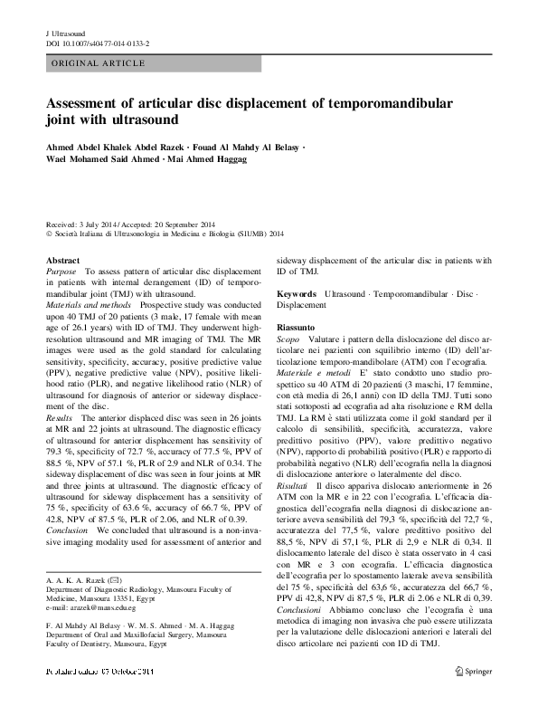 (PDF) Assessment of articular disc displacement of temporomandibular ...