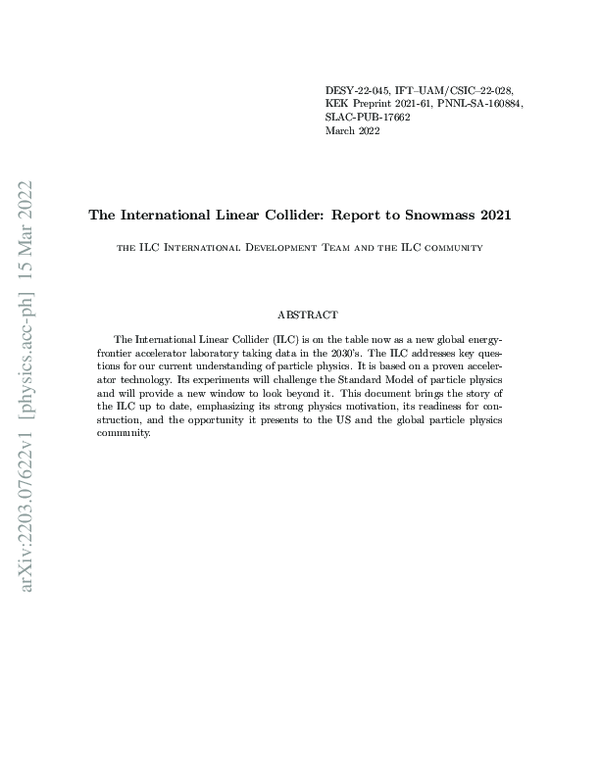 (PDF) The International Linear Collider: Report to Snowmass 2021