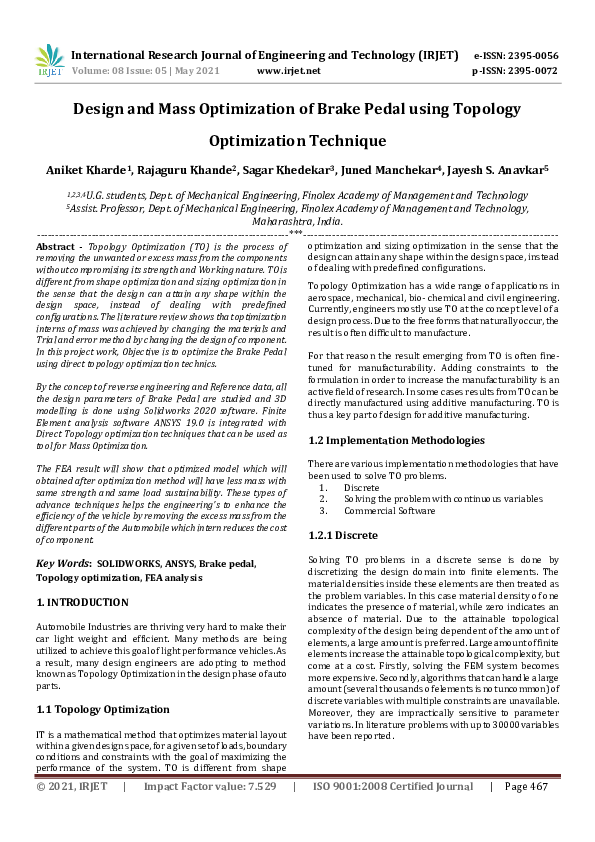 (PDF) Design and Mass Optimization of Brake Pedal using Topology
