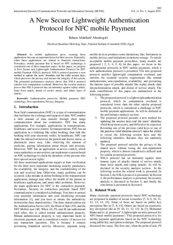(PDF) A New Secure Lightweight Authentication Protocol for NFC mobile ...