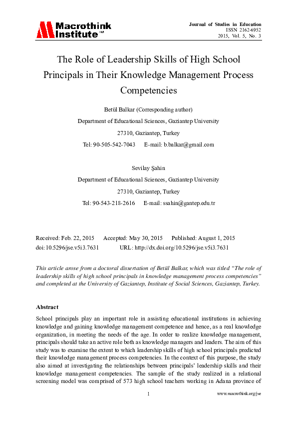 (PDF) The Role of Leadership Skills of High School Principals in Their ...