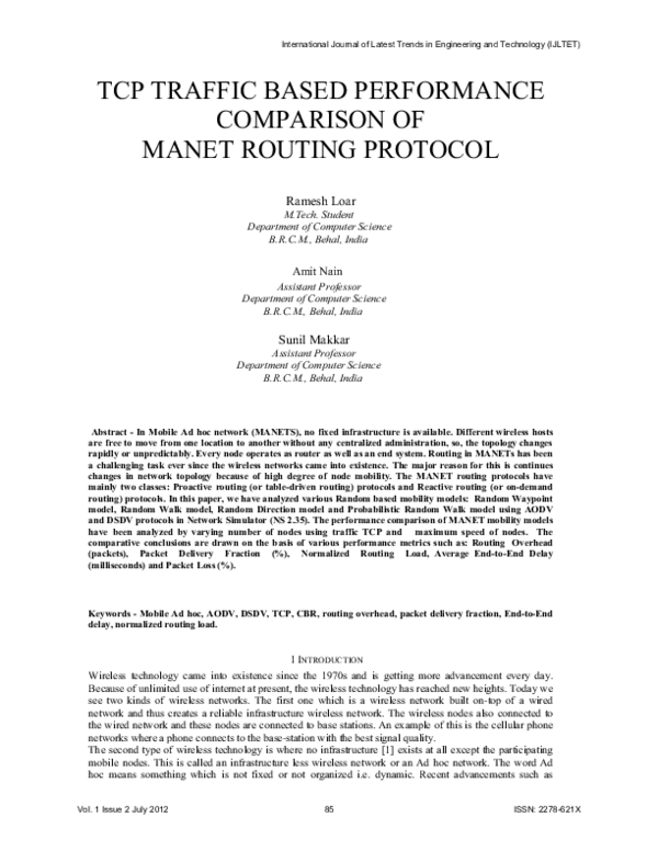 (PDF) TCP Traffic Based Performance Comparison of Manet Routing Protocol