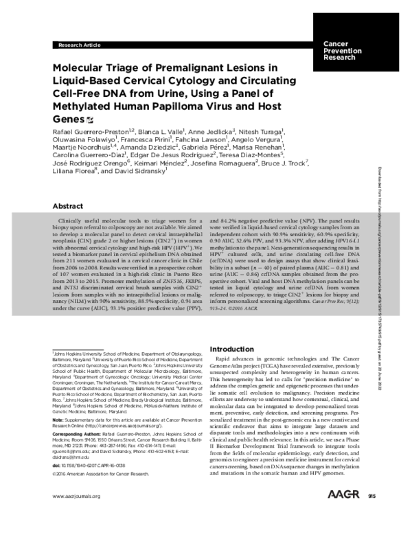 (PDF) Molecular triage of premalignant lesions in liquid-based cervical ...