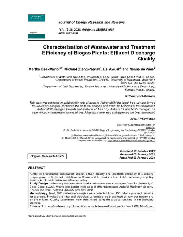 (PDF) Characterisation of Wastewater and Treatment Efficiency of Biogas ...