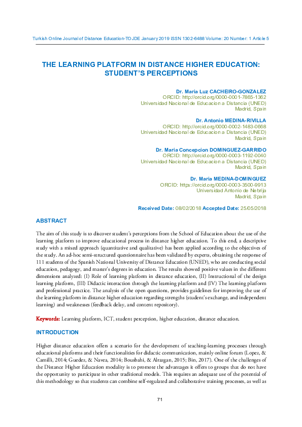 (PDF) The Learning Platform in Distance Higher Education: Student’s ...
