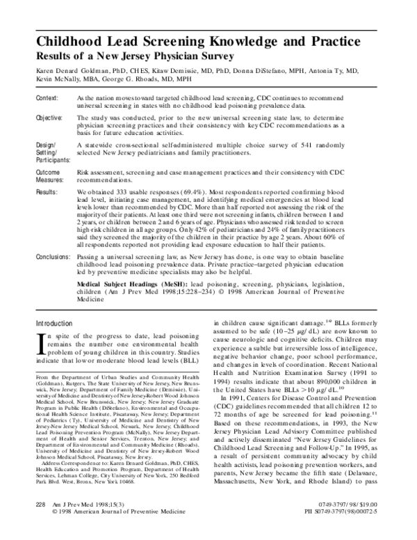(PDF) Childhood lead screening knowledge and practice