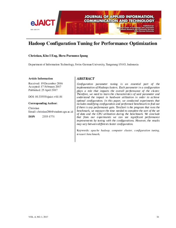 (PDF) Hadoop Configuration Tuning for Performance Optimization