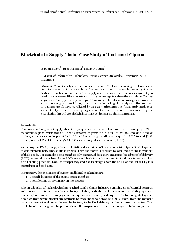 (PDF) Blockchain in Supply Chain: Case Study of Lottemart Ciputat