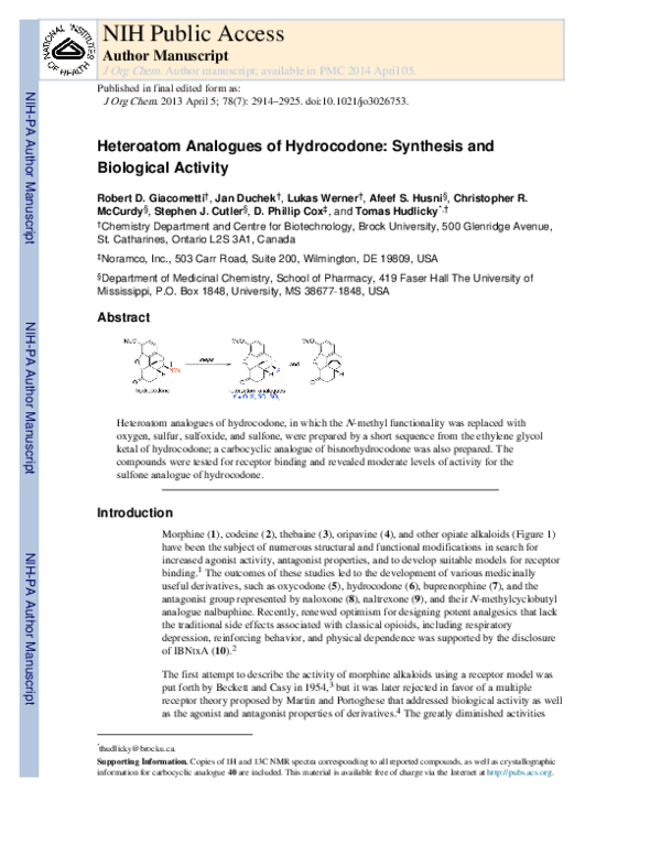 (PDF) Heteroatom Analogues of Hydrocodone: Synthesis and Biological ...