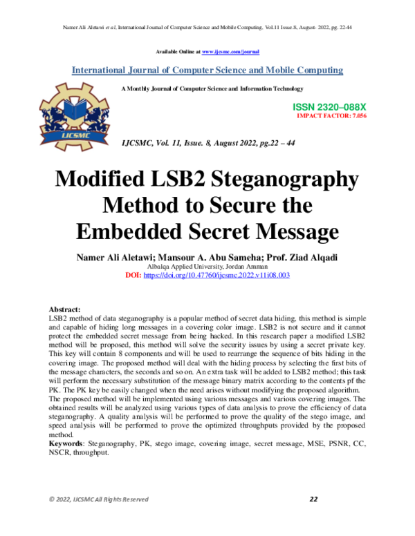 (PDF) Modified LSB2 Steganography Method to Secure the Embedded Secret ...