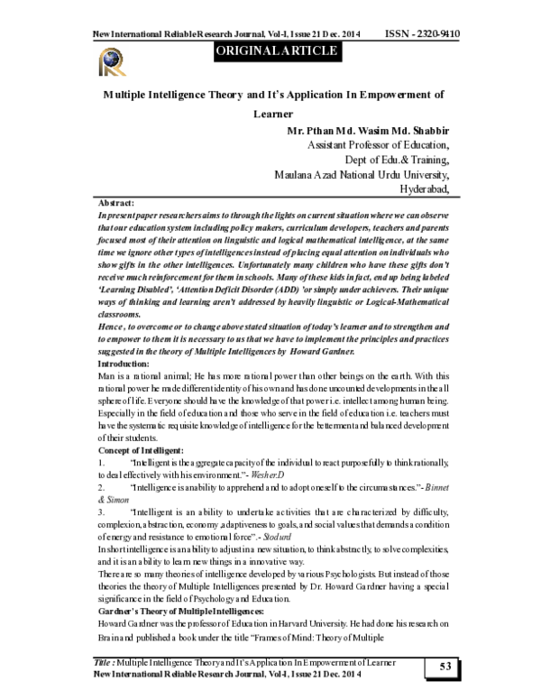 (PDF) Multiple Intelligence Theory and It’s Application In Empowerment ...