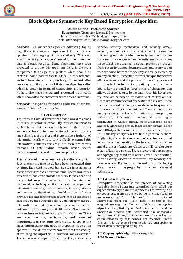 (PDF) Block Cipher Symmetric Key Based Encryption Algorithm