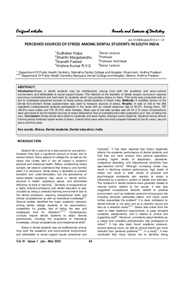 (PDF) Perceived Sources of Stress Among Dental Students in South India
