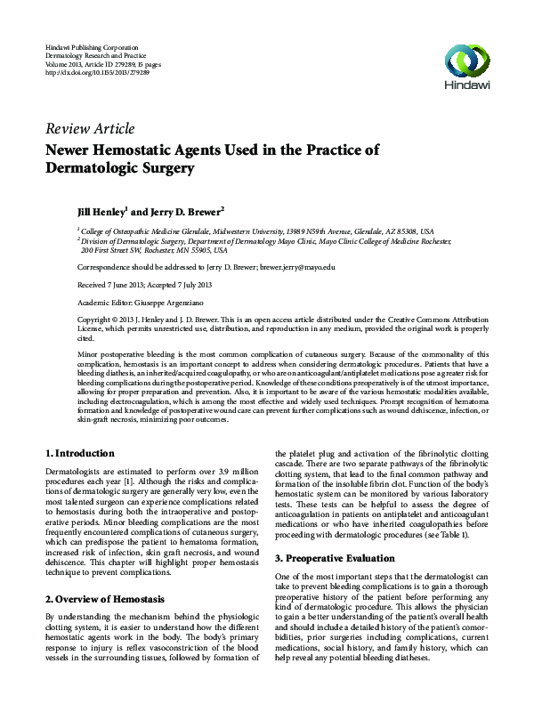 (PDF) Newer hemostatic agents used in the practice of dermatologic