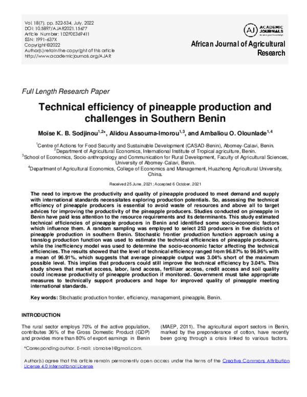 (PDF) Technical efficiency of pineapple production and challenges in