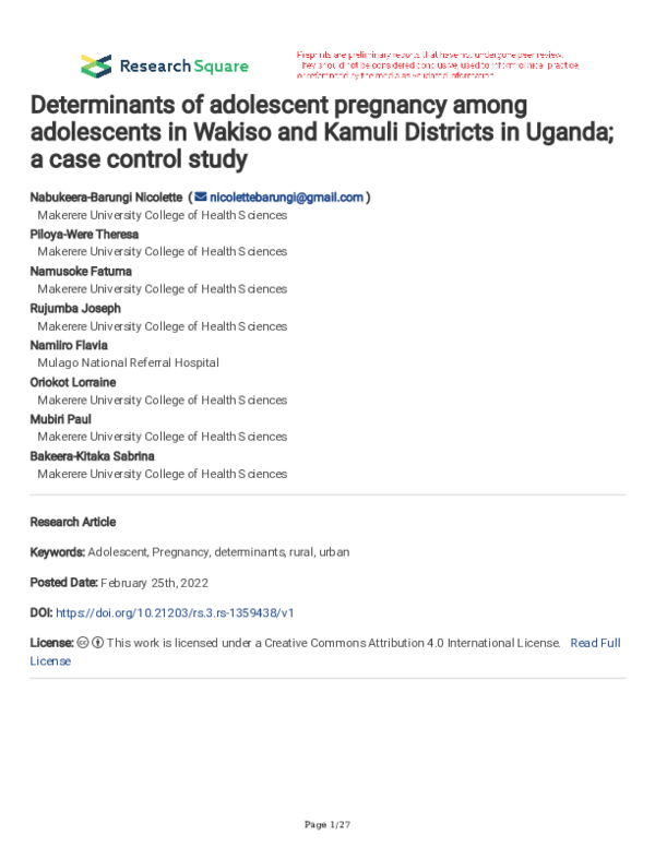 (PDF) Determinants of adolescent pregnancy among adolescents in Wakiso ...