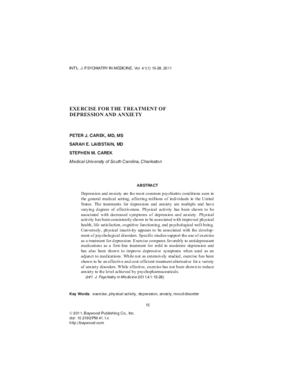 (PDF) Exercise for the Treatment of Depression and Anxiety