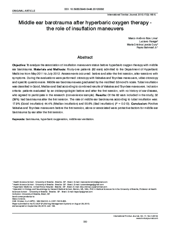 (PDF) Middle ear barotrauma after hyperbaric oxygen therapy the role