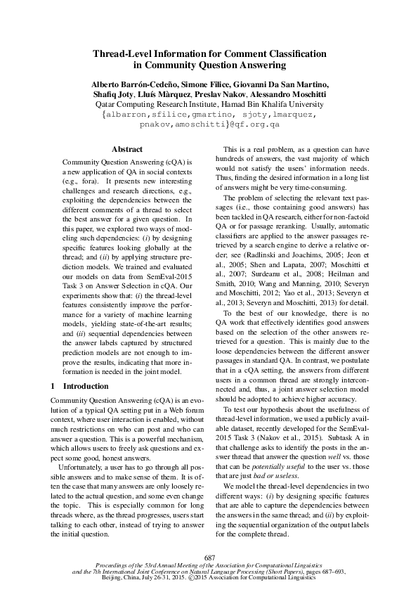 (PDF) Thread-Level Information for Comment Classification in Community ...