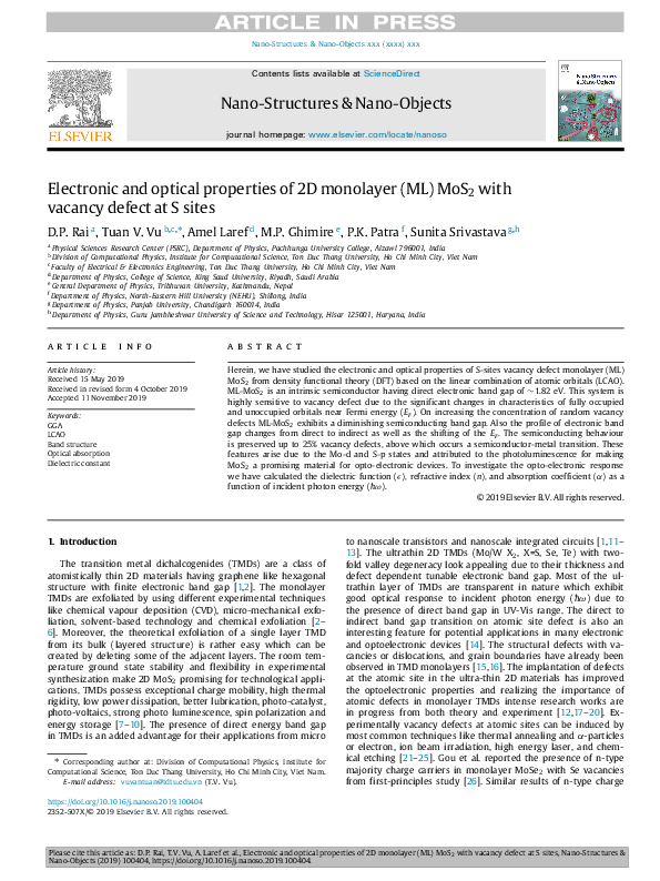 (PDF) Electronic and optical properties of 2D monolayer (ML) MoS2 with ...