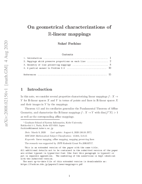 (PDF) On geometrical characterizations of $\mathbb R$-linear mappings