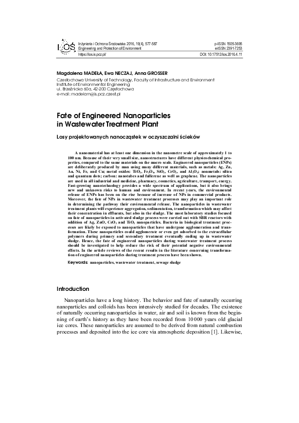 (PDF) Fate of Engineered Nanoparticles in Wastewater Treatment Plant