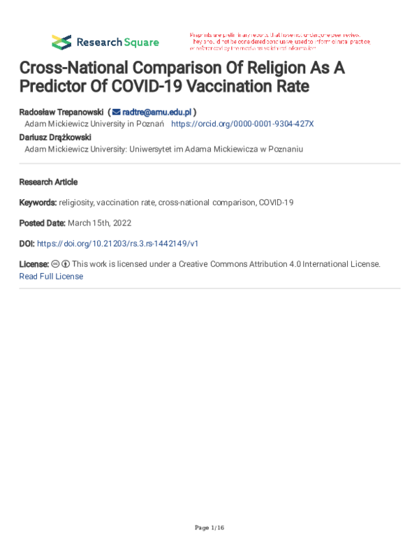 (PDF) CrossNational Comparison Of Religion As A Predictor Of COVID19
