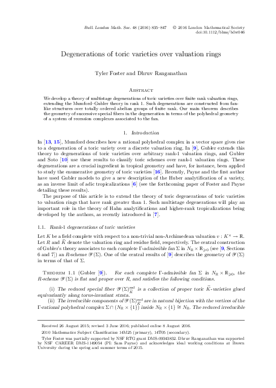 (PDF) Degenerations of toric varieties over valuation rings | Tyler ...