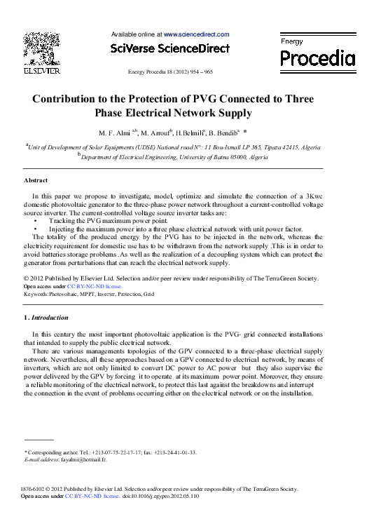 (PDF) Contribution to the Protection of PVG Connected to Three Phase ...